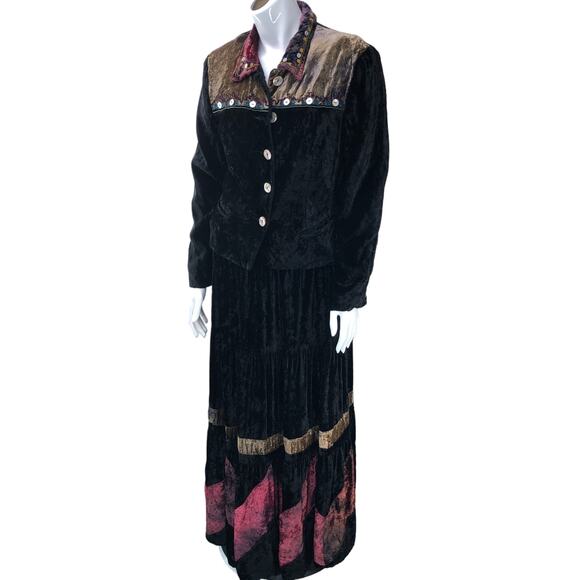VTG Hairston Roberson ROPA Sz S Maxi Skirt Jacket Set Black Velour Rodeo Cowgirl